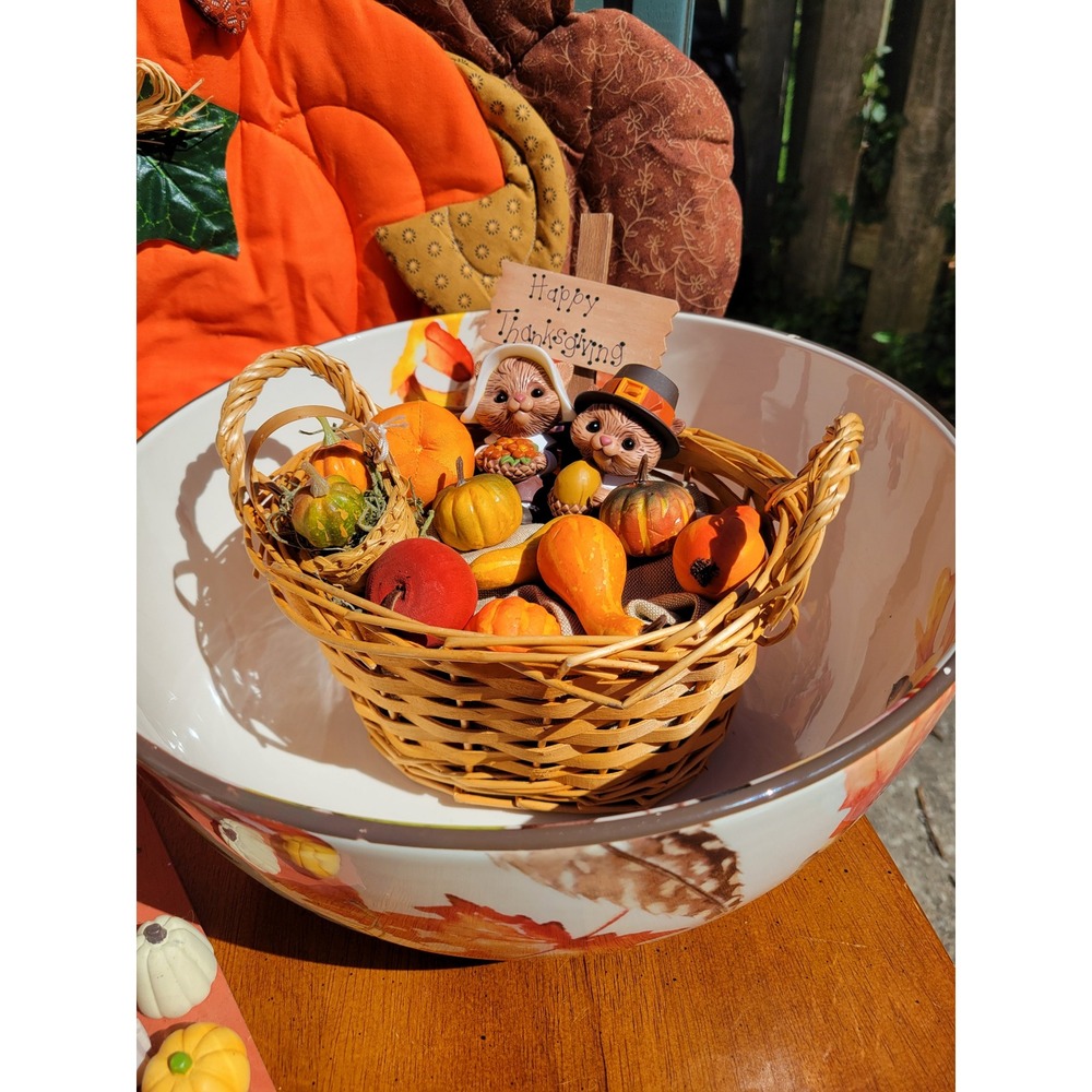 80s Hallmark Thanksgiving Chipmunk/Squirrel S&P Shakers, Faux Paper Gourds, sign